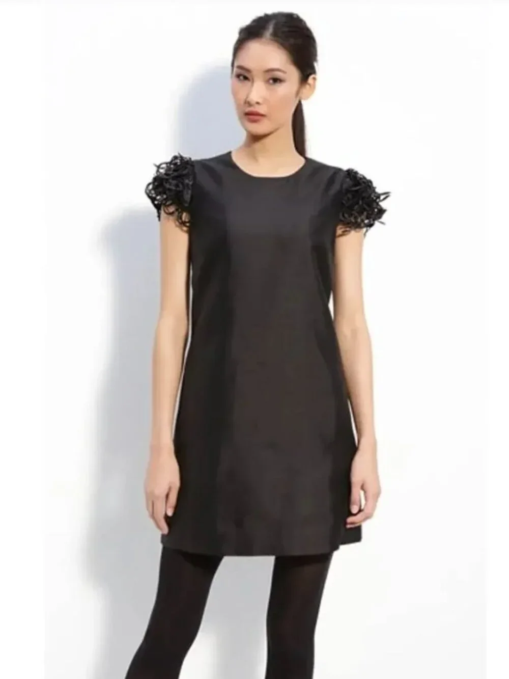 Kate Spade Vicky Fringe Sleeve Silk Cotton Shift Dress Black Size 2 Small